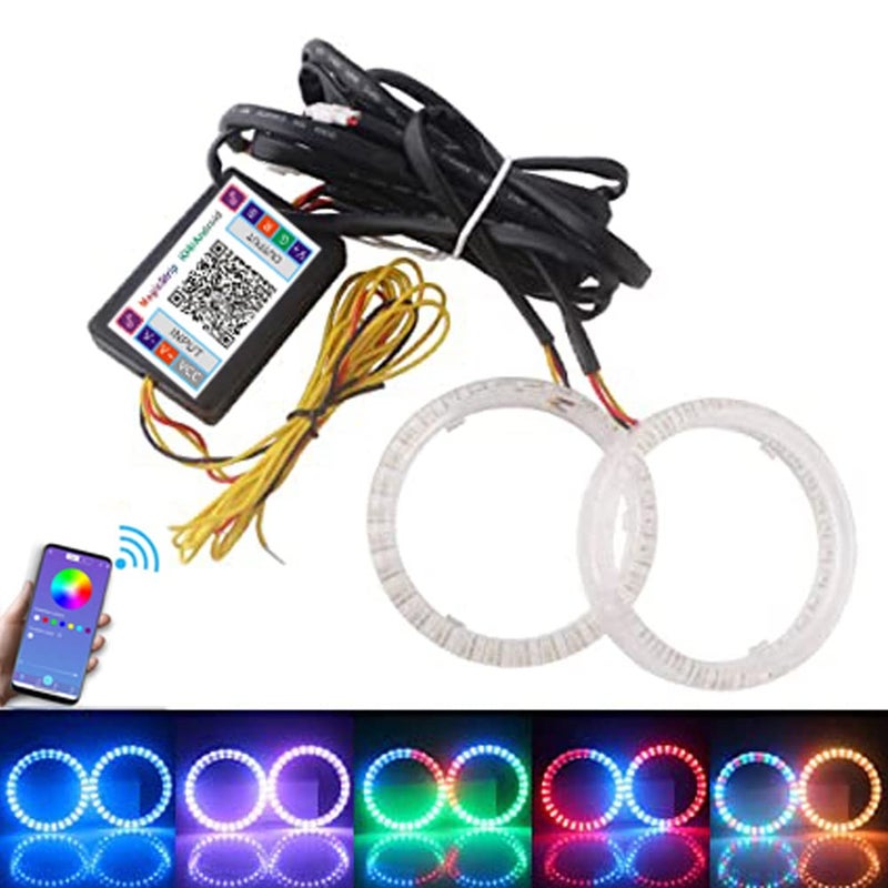Qasim 1-Pair 80MM 30SMD 3535 LED RGB Angel Eyes Halo Rings for Motorcycle Car DRL Fog Lamp Turn Signal Light APP Bluetooth Control Multi-Color 12V - Image 1